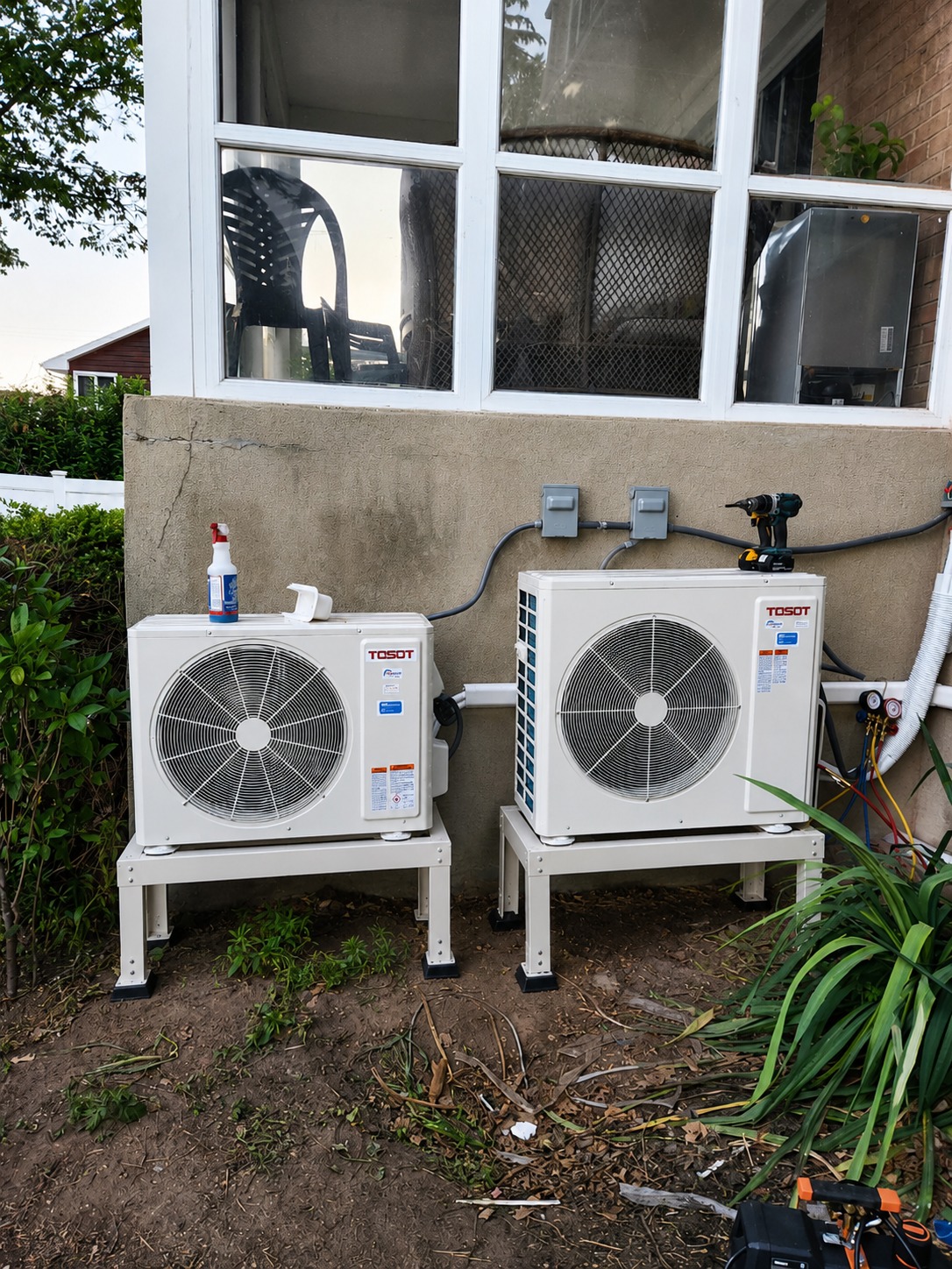 Two TOSOT mini-split outdoor condensing units mounted on ground stands next to residential foundation wall